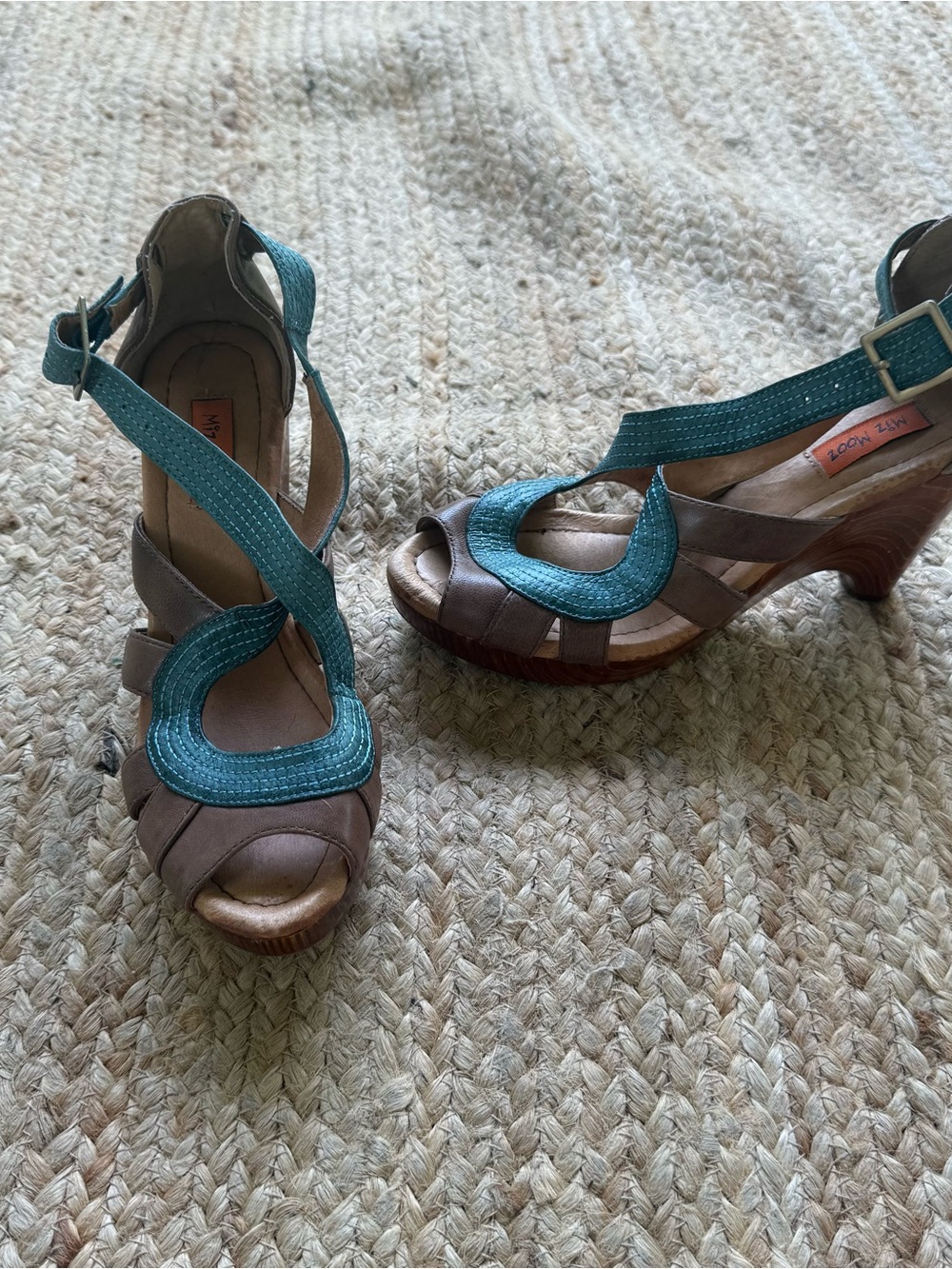 Miz Mooz Brown and Teal Strappy Platform Heels